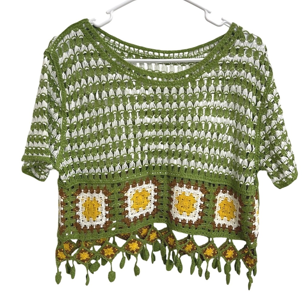 Crochet Granny Square Fringe Crop Top Green White Boho Festival Beach Cover Up L